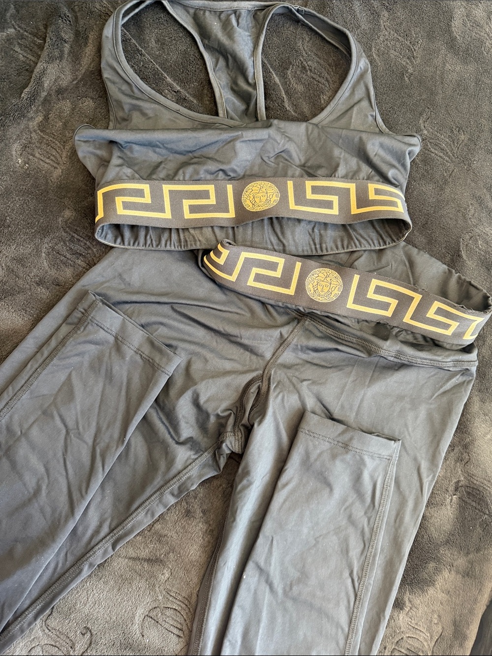 Versace Black Sports Bra and Leggings with Gold Greek Key Trim